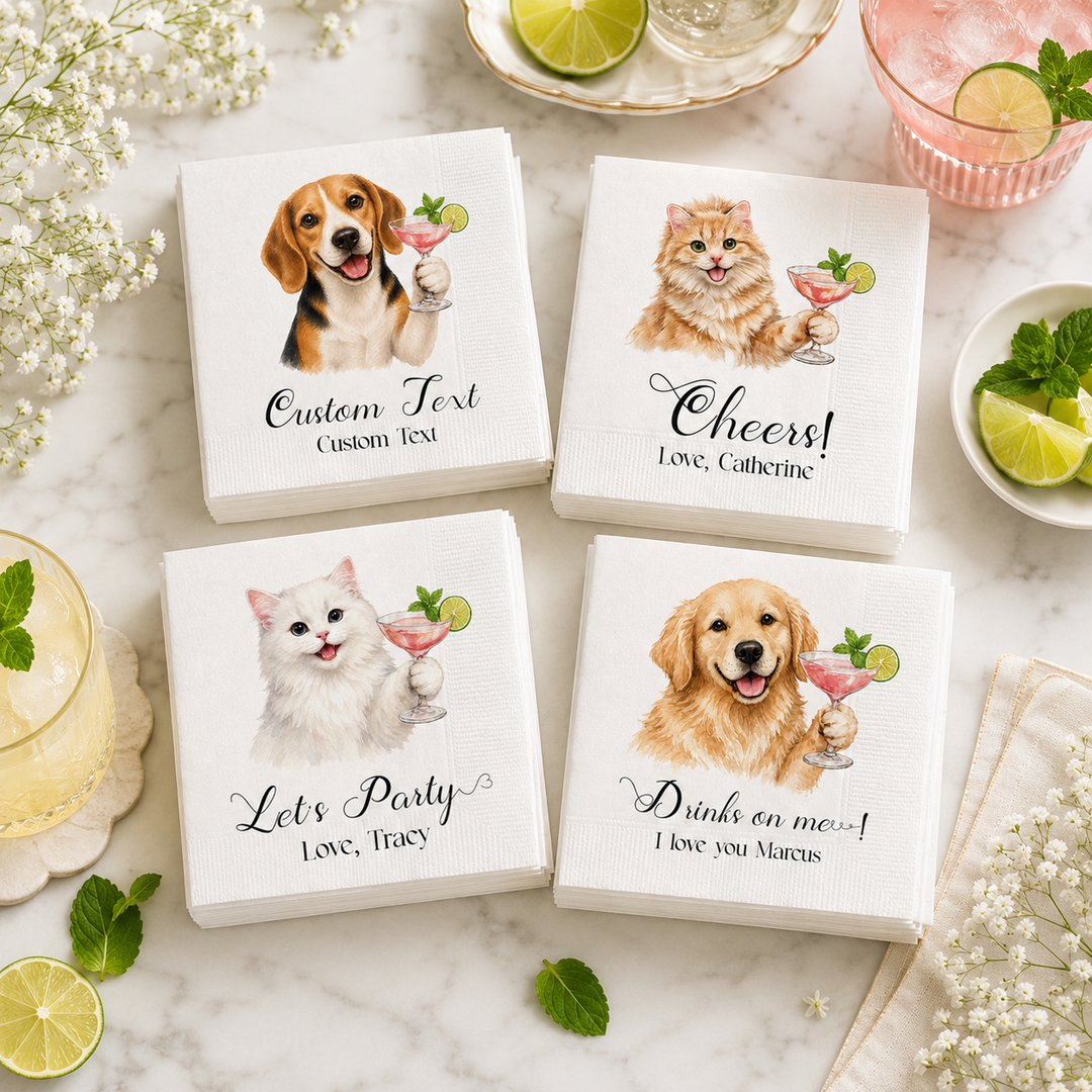 Personalized Pet Cocktail Napkins, Custom Dog & Cat Party Napkins, Personalized Beverage Napkins with Pet Portrait, Wedding, Birthday & Celebration Decor