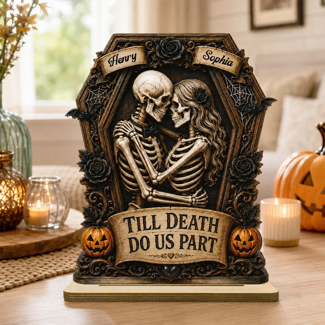 Till Death Do Us Part Skeleton Couple In Coffin 2D Flat - Personalized 2-Layered Wooden Plaque - Halloween Decor For Couple