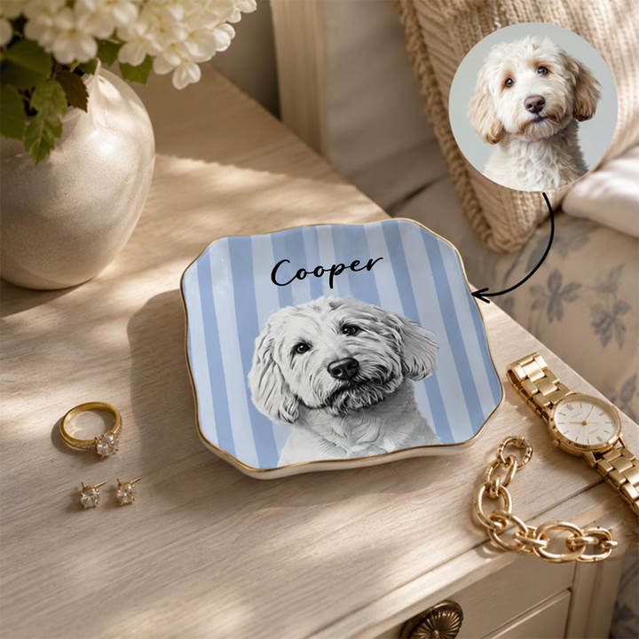 Personalized Pet Jewelry Dish, Custom Dog and Cat Trinket Tray with Pet Portrait and Name, Ceramic Ring Holder, Pet Memorial Gift