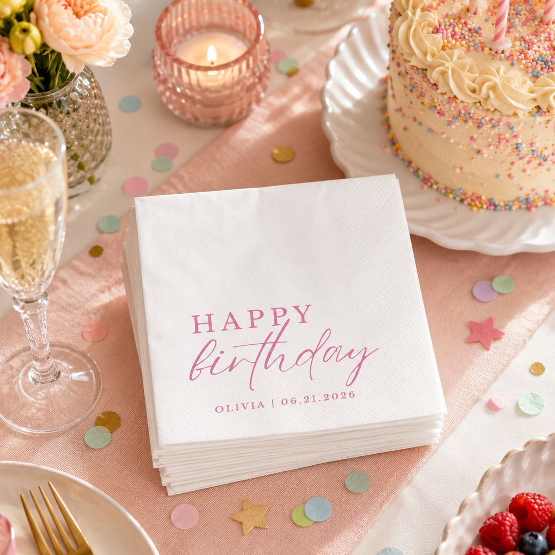 Custom Birthday Napkins with Text - Personalized Cocktail Napkins for Party Decor - Happy Birthday Napkins For All Ages