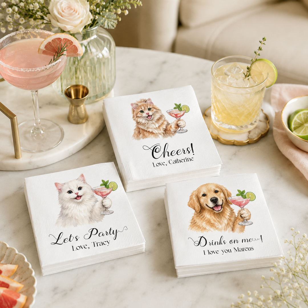 Personalized Pet Cocktail Napkins, Custom Dog & Cat Party Napkins, Personalized Beverage Napkins with Pet Portrait, Wedding, Birthday & Celebration Decor