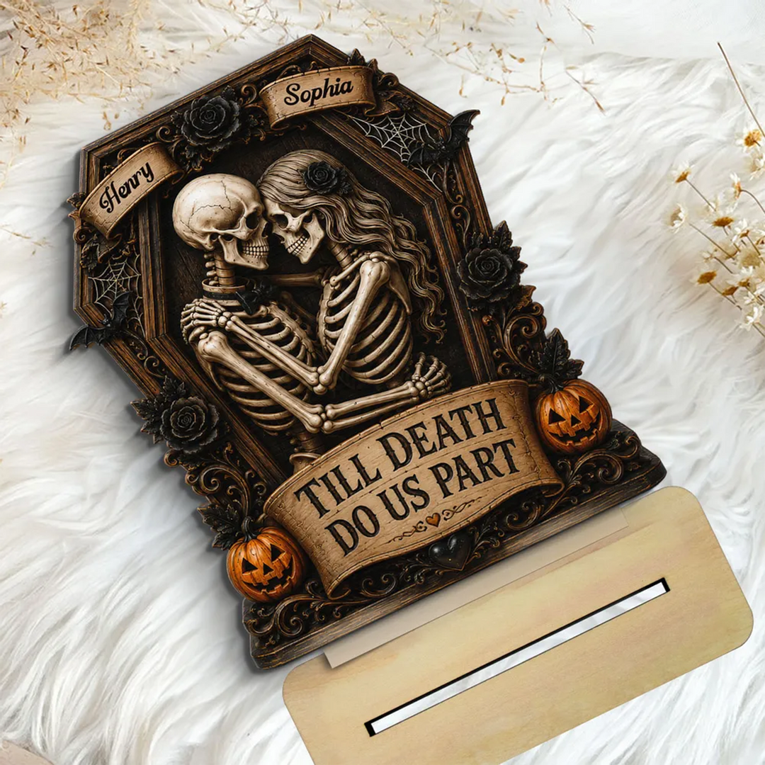 Till Death Do Us Part Skeleton Couple In Coffin 2D Flat - Personalized 2-Layered Wooden Plaque - Halloween Decor For Couple