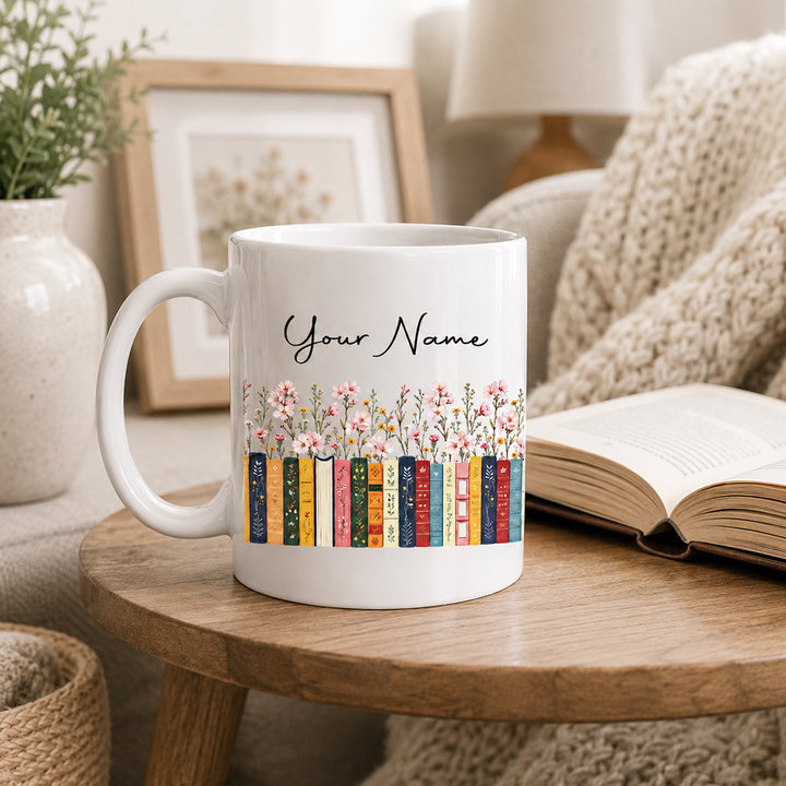 Custom Name & Birthflower Pottery Mug, Personalized Gift for Book Lovers, Book Clubs, Librarian Mug, Floral Reading Cup, Bookish Gift