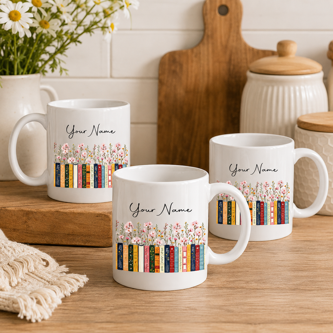 Custom Name & Birthflower Pottery Mug, Personalized Gift for Book Lovers, Book Clubs, Librarian Mug, Floral Reading Cup, Bookish Gift