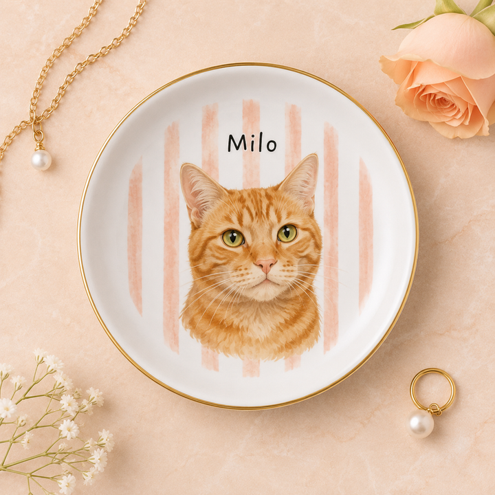 Personalized Pet Jewelry Dish, Custom Dog or Cat Ring Dish, Ceramic Trinket Tray with Pet Portrait and Name, Gift for Pet Lovers