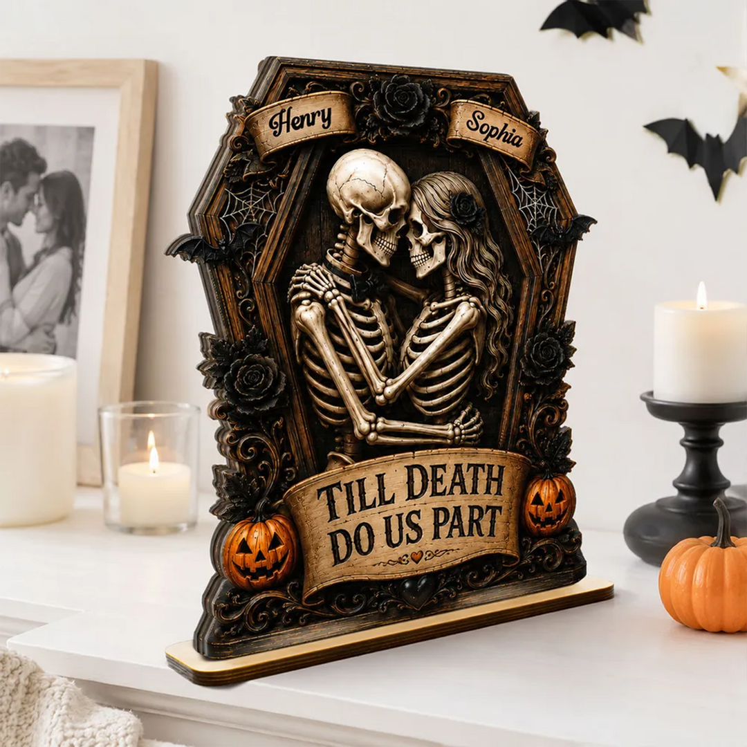 Till Death Do Us Part Skeleton Couple In Coffin 2D Flat - Personalized 2-Layered Wooden Plaque - Halloween Decor For Couple