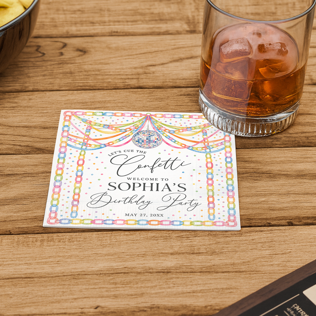 Personalized Birthday Party Napkins – Custom Confetti Cocktail Napkins with Name & Date, Disco Theme Party Decor