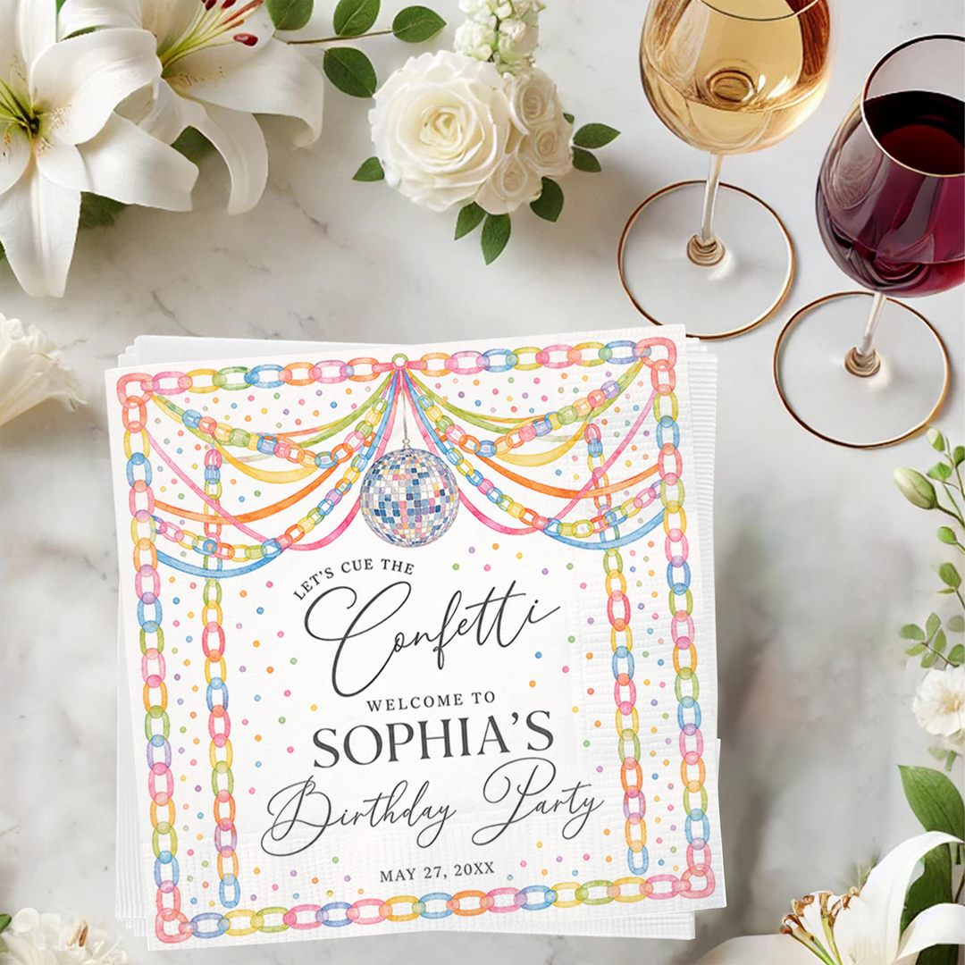 Personalized Birthday Party Napkins – Custom Confetti Cocktail Napkins with Name & Date, Disco Theme Party Decor