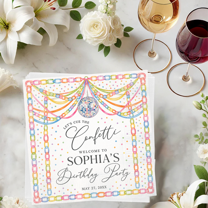Personalized Birthday Party Napkins – Custom Confetti Cocktail Napkins with Name & Date, Disco Theme Party Decor