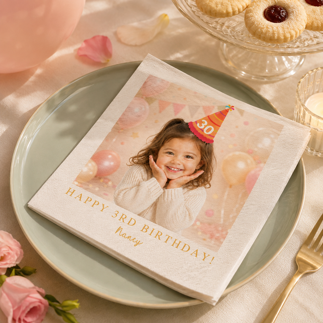 Personalized Birthday Napkins with Photo | Custom Cocktail Napkins with Text for Birthday Party Decor | Happy Birthday Napkins For All Ages