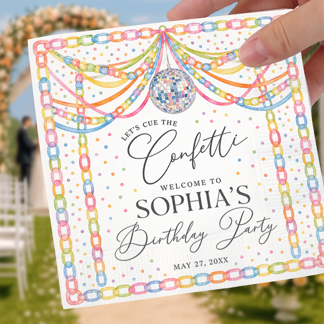 Personalized Birthday Party Napkins – Custom Confetti Cocktail Napkins with Name & Date, Disco Theme Party Decor
